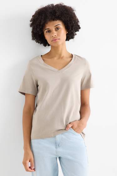 Femei - Tricou cu decolteu în V - Regular fit - bej