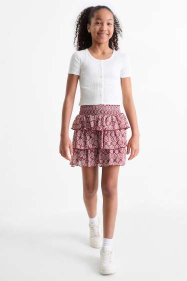 Kinderen: meisjes - Set - T-shirt en rok - 2-delig - wit / donkerrood