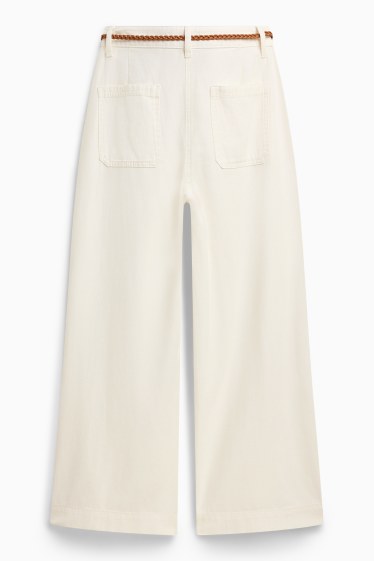 Damen - Crop Stoffhose mit Gürtel - Mid Waist - Wide Leg - weiß