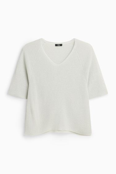 Damen - Strickpullover - kurzarm - Glanz-Effekt - weiß / silber