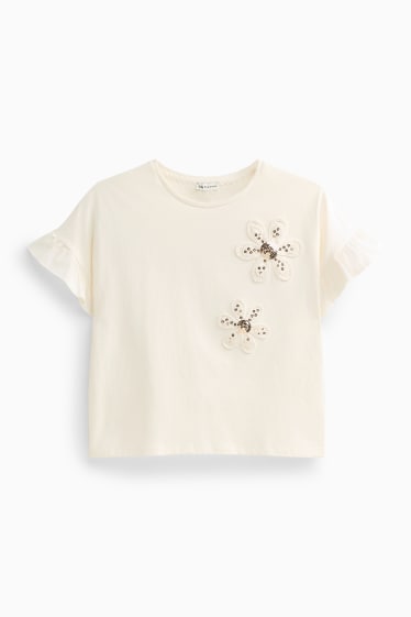 Kinder Mädchen - Blume - Kurzarmshirt - Glanz-Effekt - cremeweiss