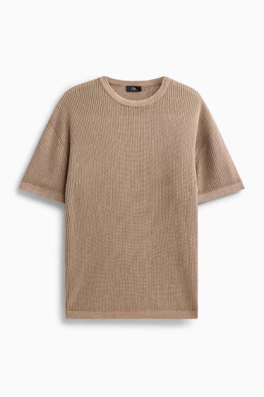 Hommes - Pull en maille - manches courtes - finition côtelée - gris