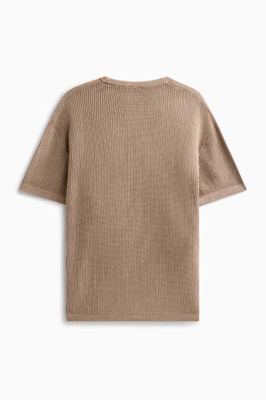 Hommes - Pull en maille - manches courtes - finition côtelée - gris