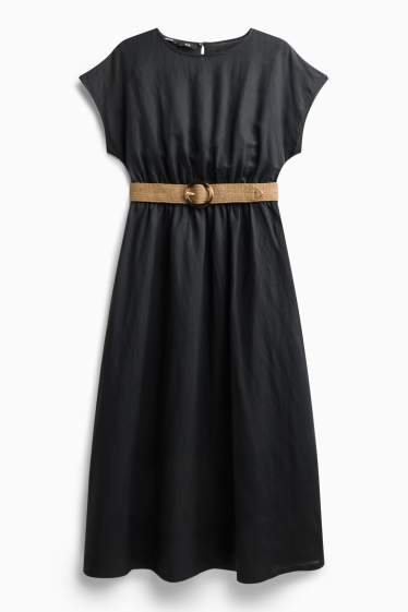 Dames - Fit & flare-jurk met ceintuur - linnenmix - zwart