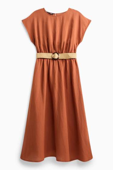 Damen - Fit & Flare Kleid mit Gürtel - Leinen-Mix - terracotta
