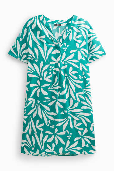 Dames - Jurk met V-hals - gebloemd - wit / turquoise