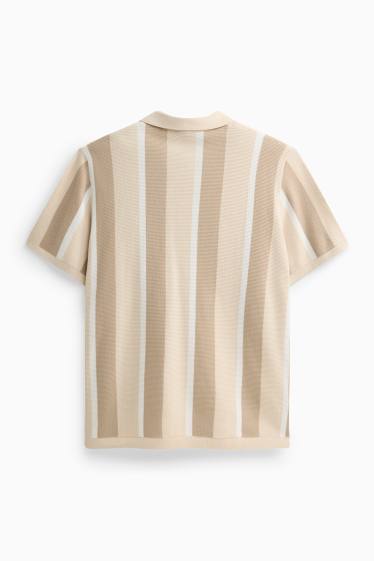 Men - Knitted polo shirt - regular fit - striped - textured - beige