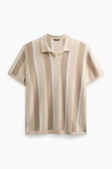 Men - Knitted polo shirt - regular fit - striped - textured - beige
