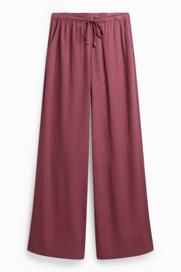 Damen - Stoffhose mit Leinen-Anteil - High Waist - Wide Leg - dunkelrot