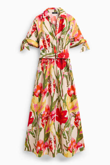 Dames - Fit & flare-jurk met ceintuur - gebloemd - rood