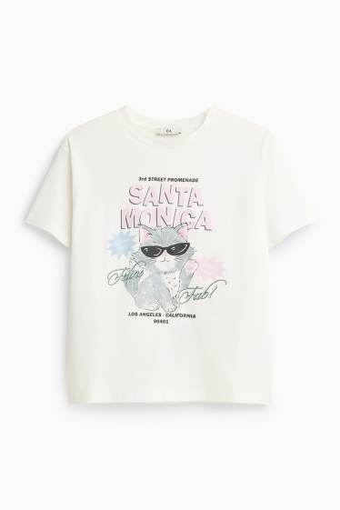 Copii - Fete - Pisică - tricou cu mânecă scurtă - aspect lucios - alb