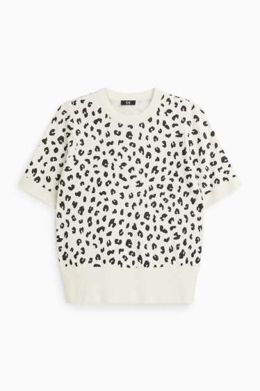 Donna - Maglione - a maniche corte - stampa leopardata - bianco / nero
