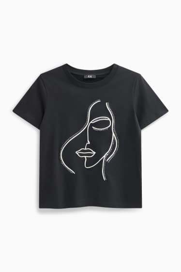 Dames - T-shirt - regular fit - glanseffect - zwart