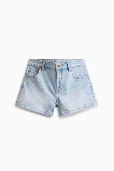 Kinder Mädchen - Jeans-Shorts mit Strasssteinen - hellblau