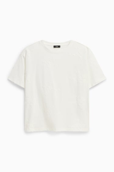 Damen - T-Shirt - Regular Fit - bestickt - geblümt - weiß