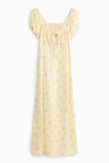 Dámské - Šaty s rozparkem - s květinovým vzorem - s žabičkováním - žlutá