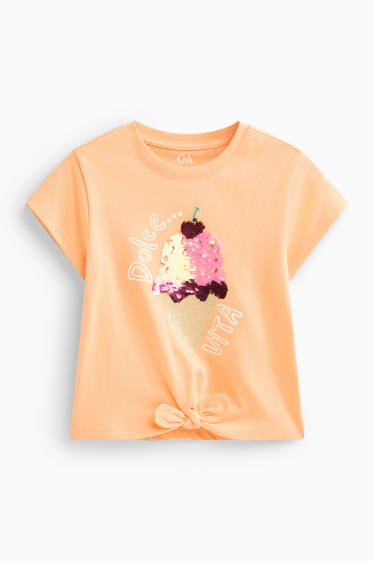 Children Girls - Ice cream - short sleeve T-shirt with knot detail - shiny - orange