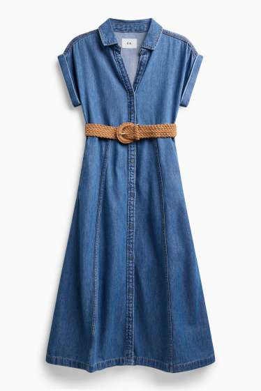 Dames - Denim blousejurk met V-hals en riem - jeansblauw