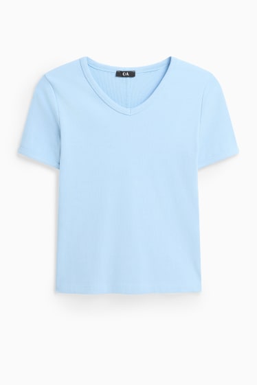 Donna - T-shirt con scollo a V - slim fit - a coste fini - azzurro