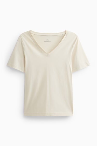 Damen - T-Shirt mit V-Ausschnitt - Regular Fit - cremefarben