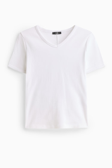 Donna - T-shirt con scollo a V - slim fit - a coste fini - bianco