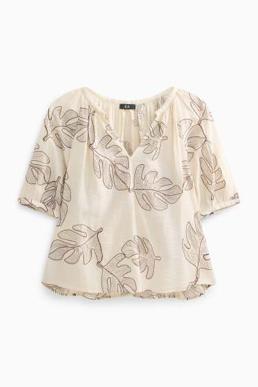 Damen - Bluse mit V-Ausschnitt - gemustert - cremefarben