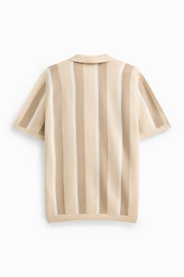 Men - Knitted polo shirt - regular fit - striped - textured - beige