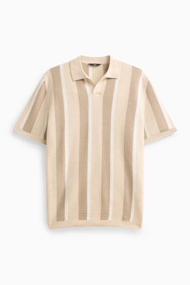 Men - Knitted polo shirt - regular fit - striped - textured - beige