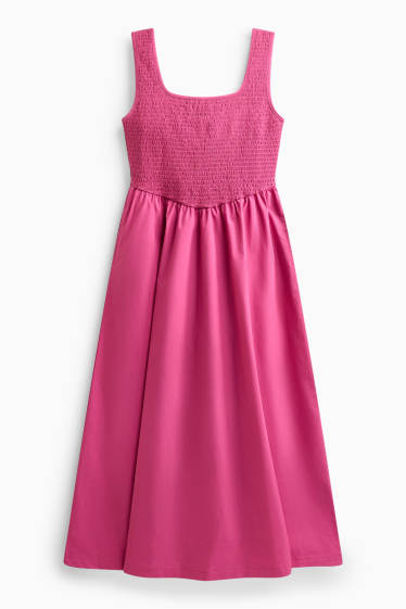 Dames - Fit & flare-jurk - gesmokt - fuchsiarood