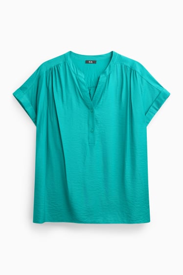 Women - V-neck blouse - textured - turquoise