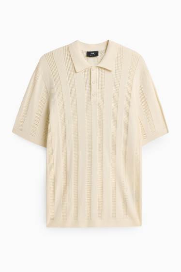 Heren - Gebreid poloshirt - relaxed fit - geribd - gestreept - crèmekleurig