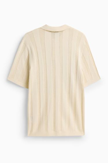 Heren - Gebreid poloshirt - relaxed fit - geribd - gestreept - crèmekleurig