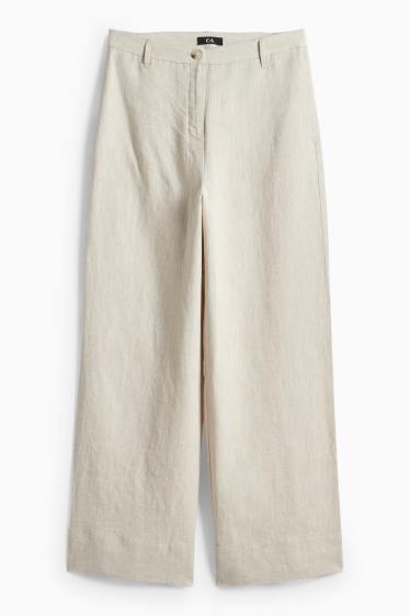 Dames - Linnen broek - high waist - wide leg - licht beige