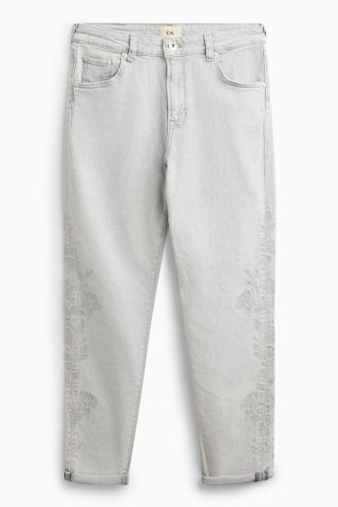 Damen - Boyfriend Jeans - Mid Waist - geblümt - helljeansgrau