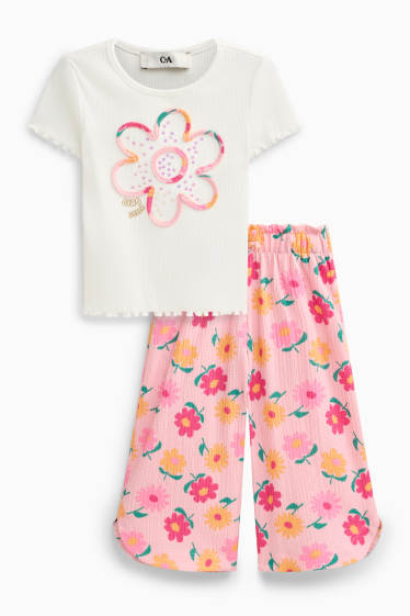 Kinder Mädchen - Blümchen - Set - Kurzarmshirt und Hose - 2 teilig - weiß / rosa
