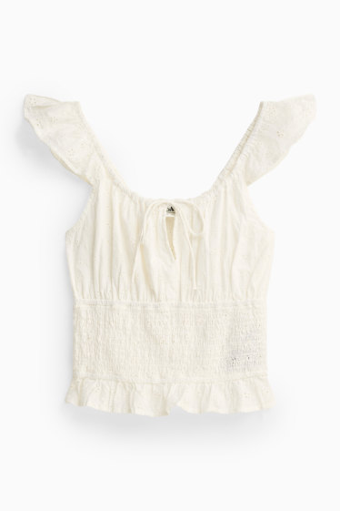 Damen - Crop Bluse - Broderie Anglaise - weiß