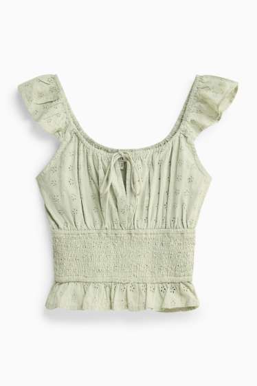 Damen - Crop Bluse - Broderie Anglaise - hellgrün