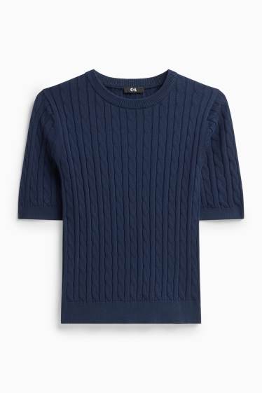 Women - Knitted jumper - short sleeve - cable knit pattern - blue