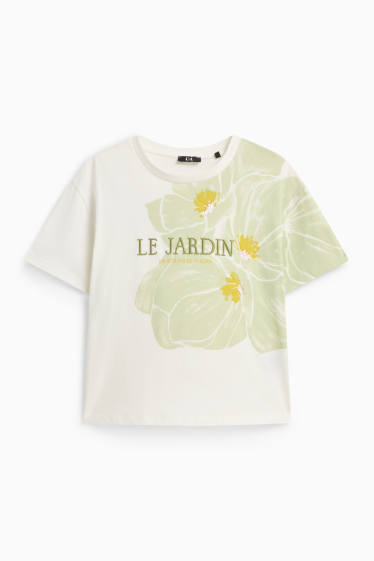 Damen - T-Shirt - Relaxed Fit - Glanz-Effekt - geblümt - weiss