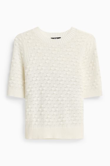 Femmes - Pull en maille - manches courtes - finition texturée - blanc crème