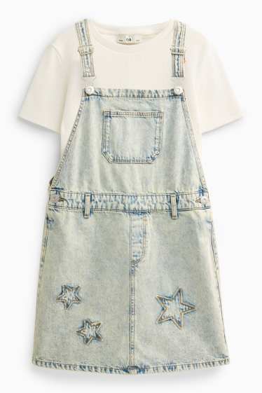 Kinder Mädchen - Set - Kurzarmshirt und Jeans-Latzkleid - 2 teilig - weiß / hellblau