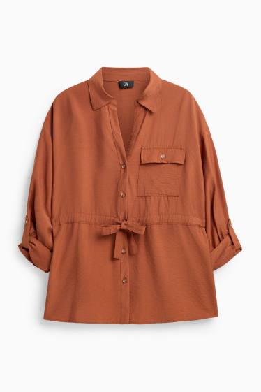 Damen - Leinen-Bluse mit Knotendetail und V-Ausschnitt - rostbraun