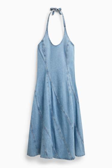 Women - Denim dress with V-neck - blue denim