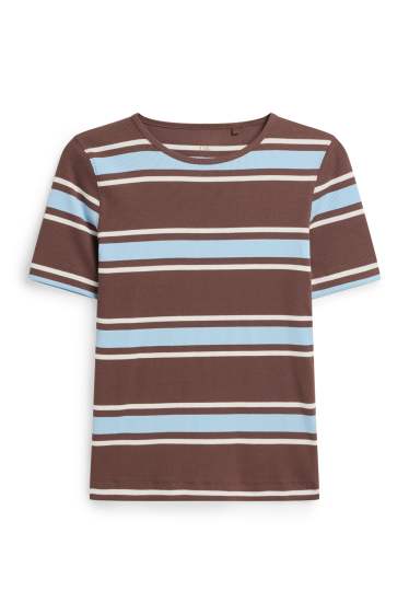 Women - T-shirt - slim fit - ribbed - striped - brown / blue