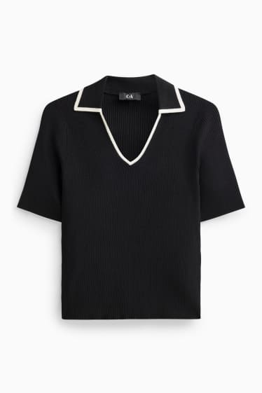 Damen - Strickpullover - kurzarm - gerippt - schwarz