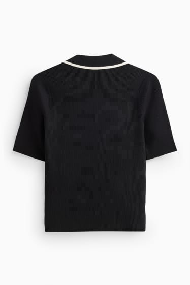 Damen - Strickpullover - kurzarm - gerippt - schwarz