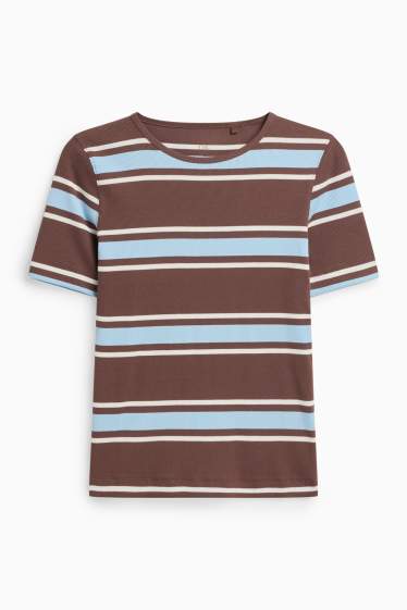 Damen - T-Shirt - Slim Fit - gerippt - gestreift - braun / blau
