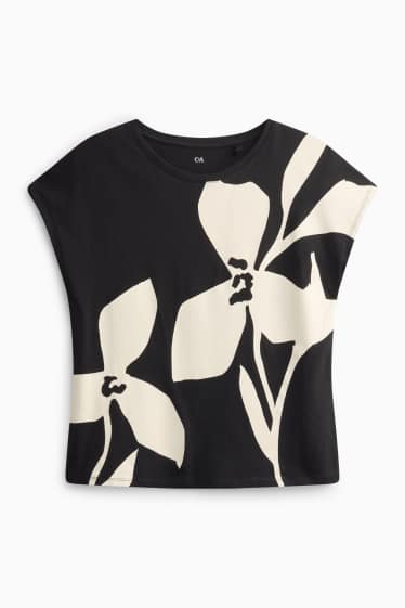 Dames - T-shirt - regular fit - gebloemd - zwart / wit