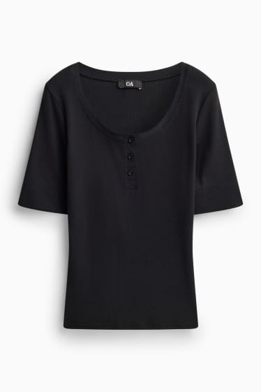 Damen - Henley-Shirt - Slim-Fit - gerippt - schwarz