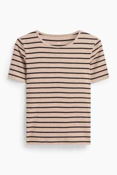 Dona - Samarreta de màniga curta - slim fit - acanalada - de ratlles - marró